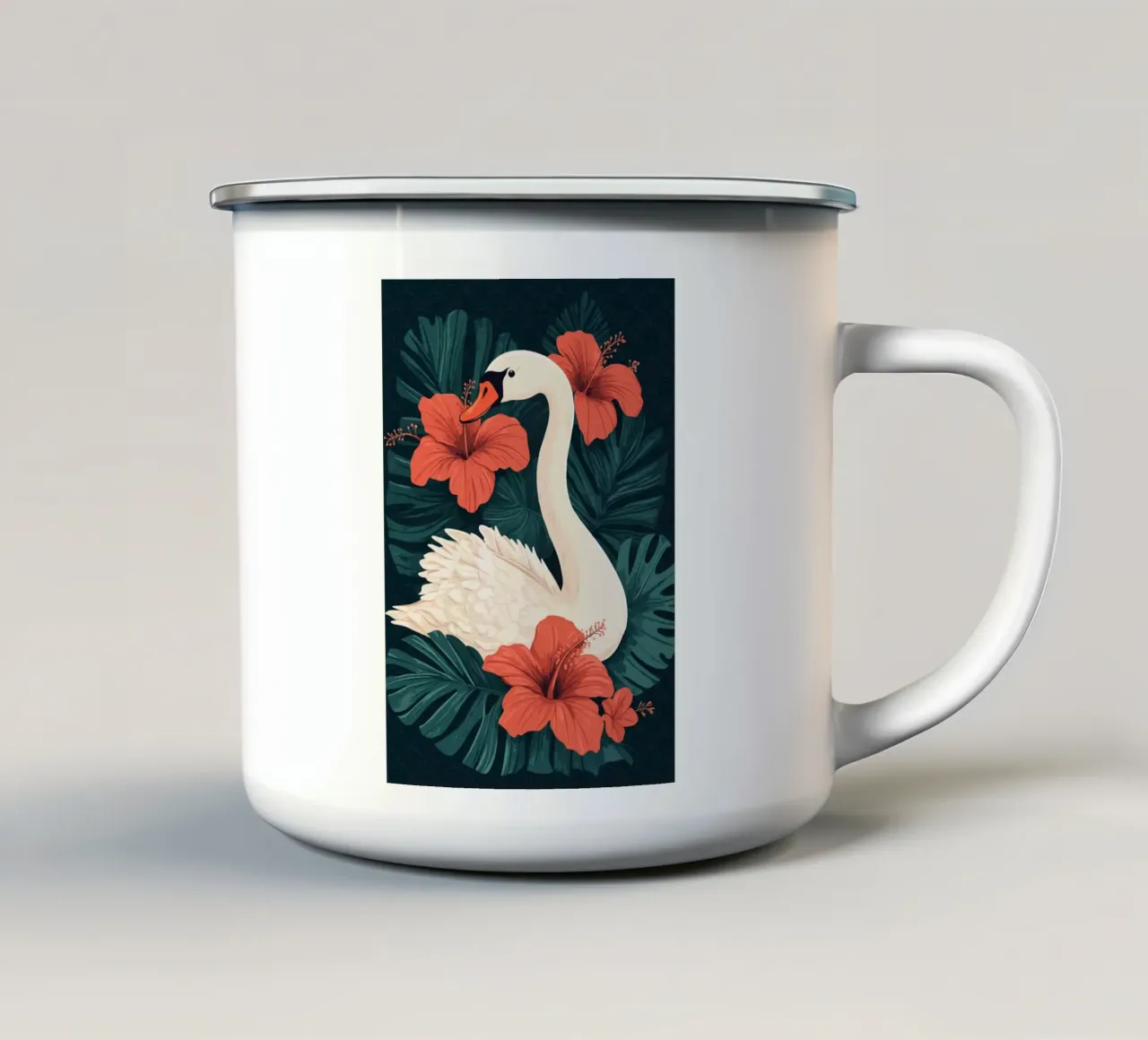 Cigno elegante con fiori di ibisco tazza in smalto da pixelbull - medieval art and more