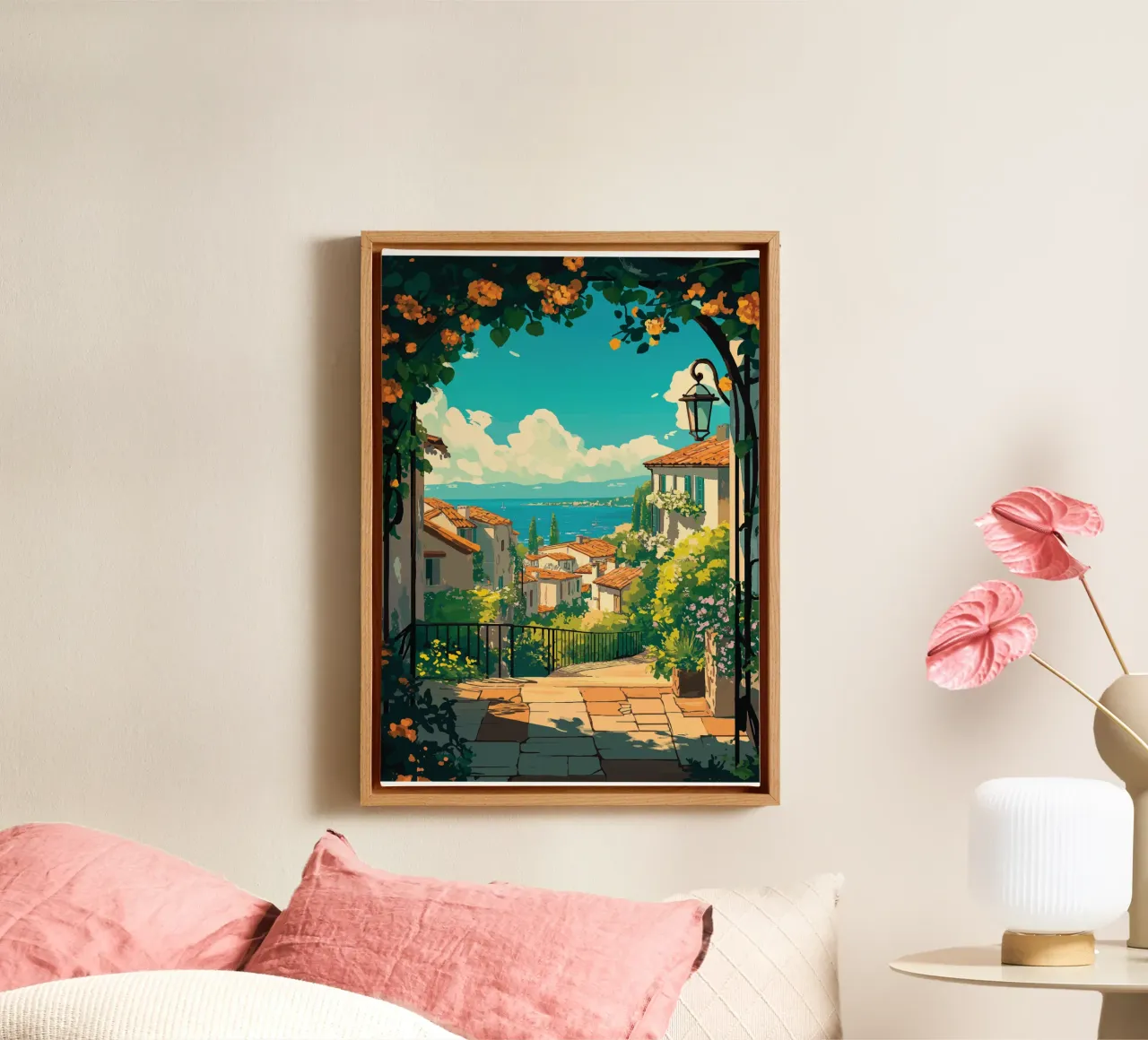 Uitzicht op een Mediterraans kustdorp in de zon canvas met Baklijst van pixelbull - medieval art and more