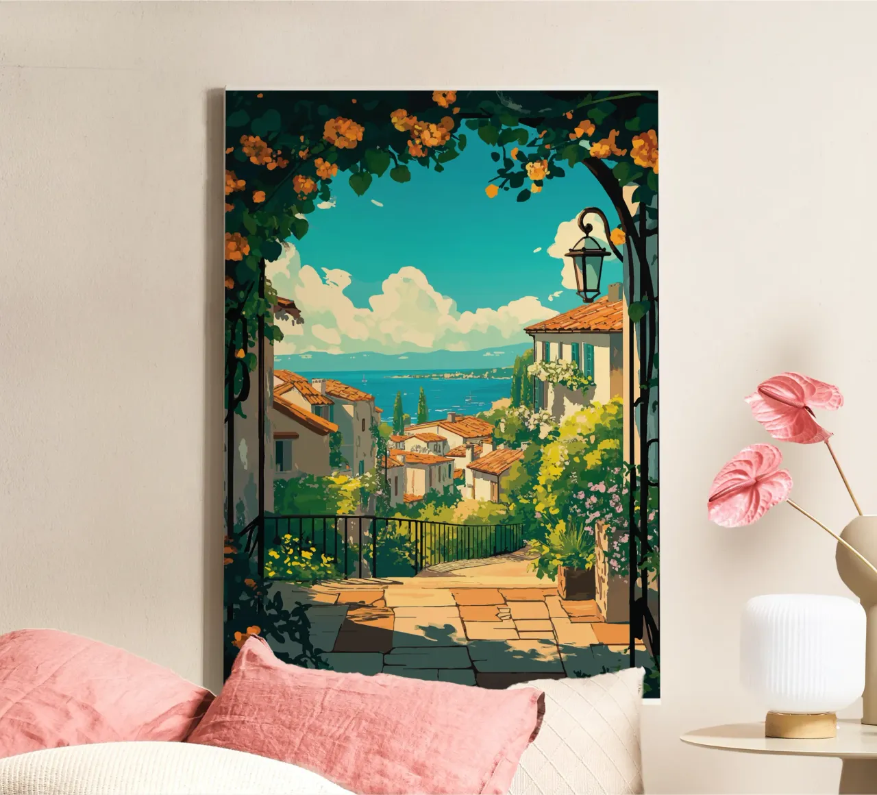 Uitzicht op een Mediterraans kustdorp in de zon canvas met Baklijst van pixelbull - medieval art and more