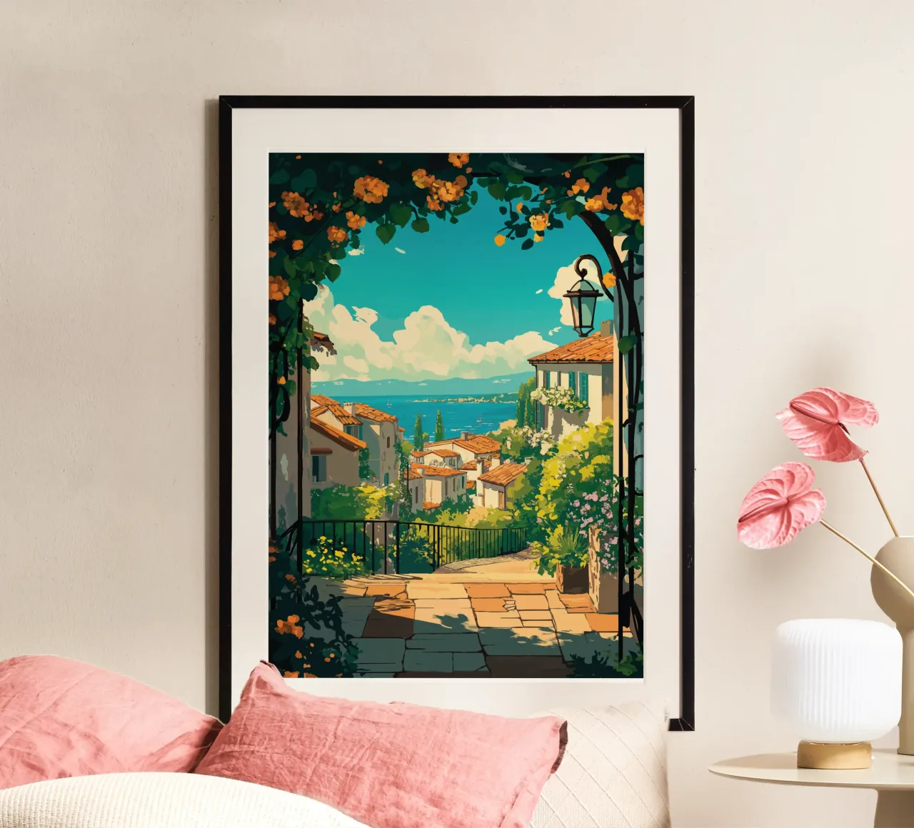 Uitzicht op een Mediterraans kustdorp in de zon poster van pixelbull - medieval art and more