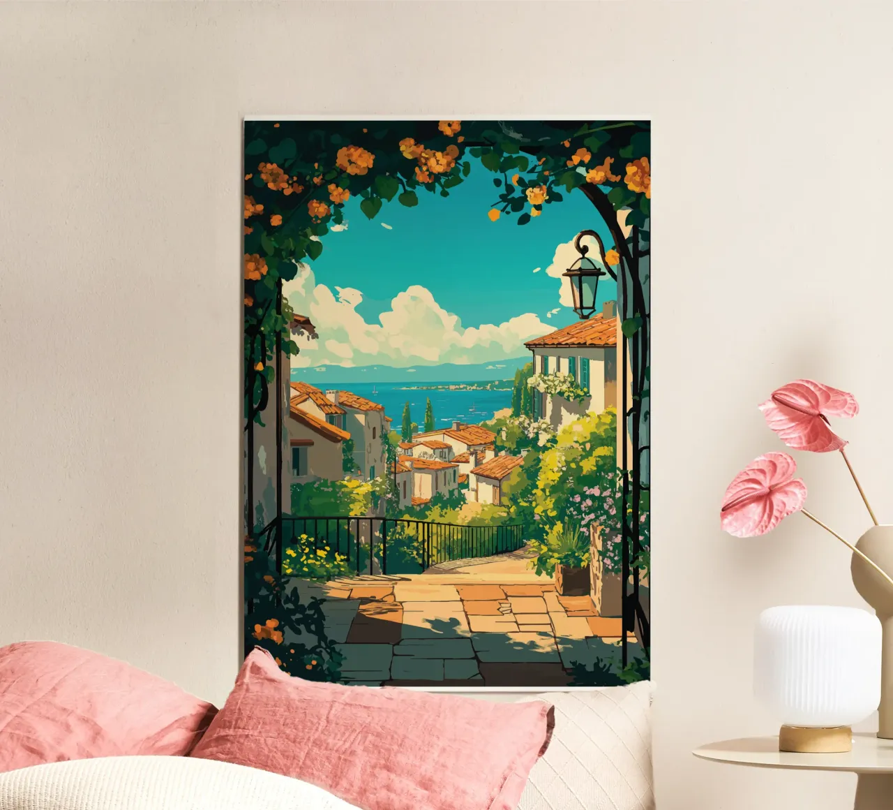 Uitzicht op een Mediterraans kustdorp in de zon poster van pixelbull - medieval art and more
