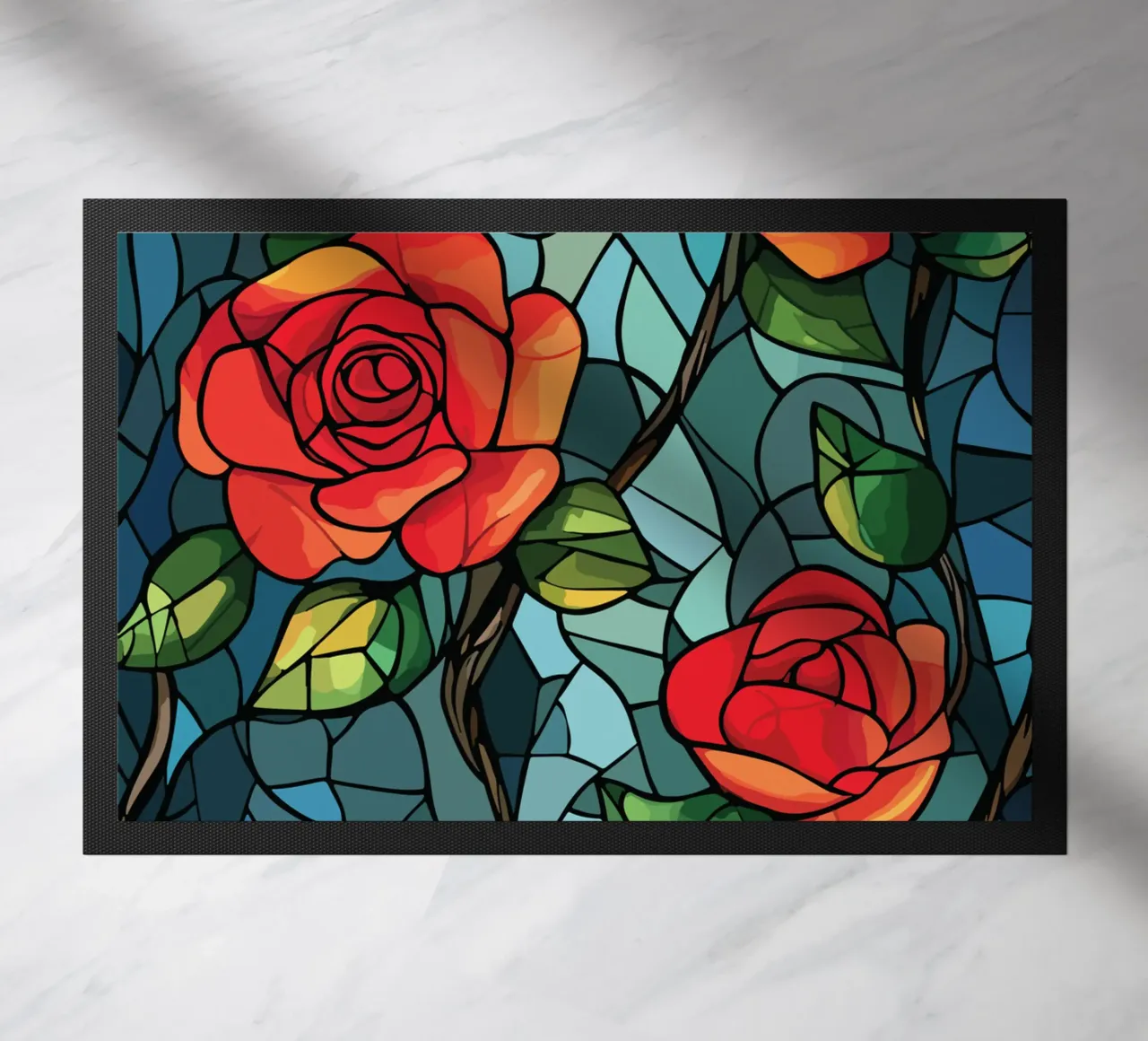 Red roses on a mosaic background doormat by pixelbull - medieval art and more