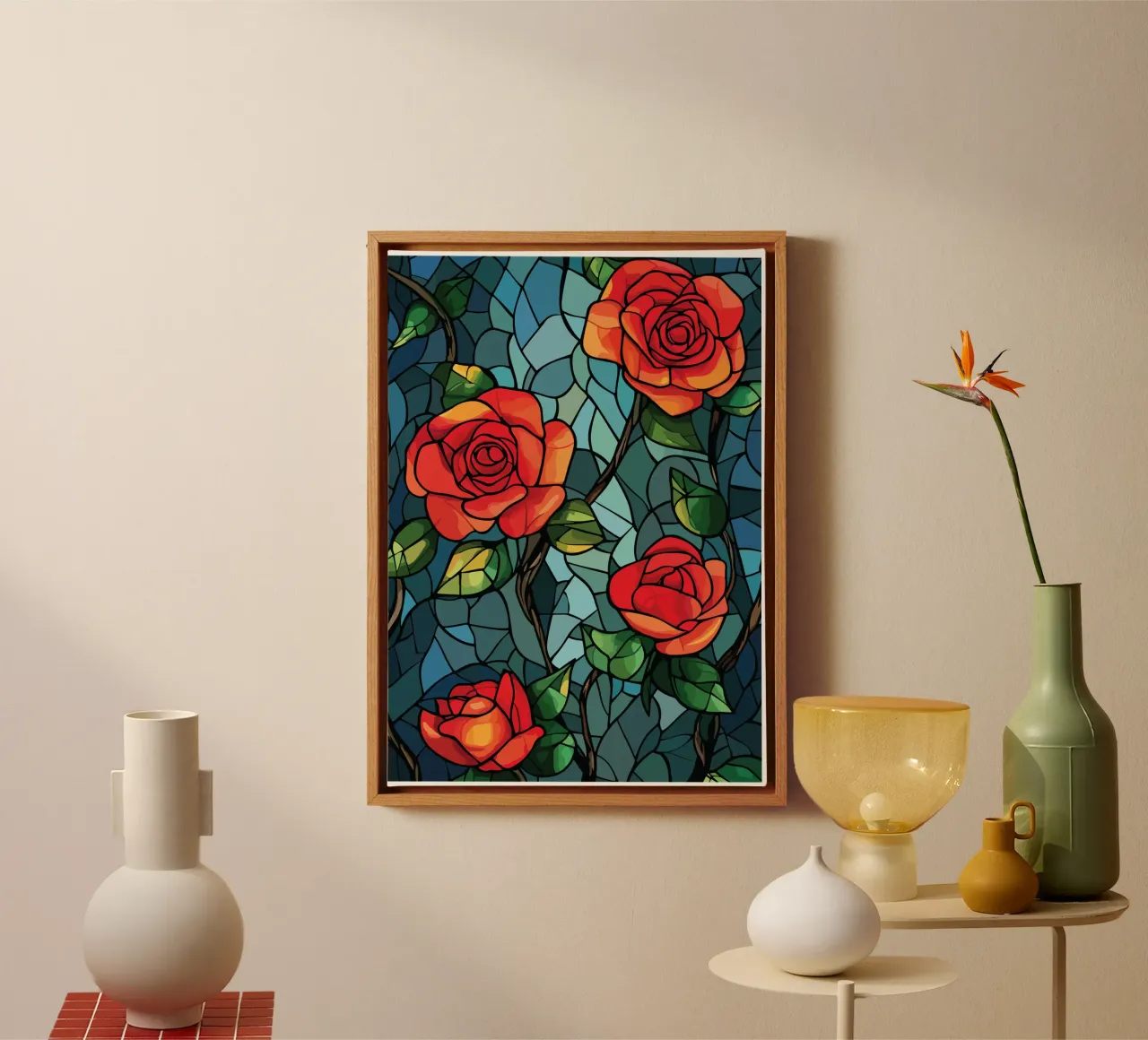 Red roses on a mosaic background canvas with Floater frame by pixelbull - medieval art and more