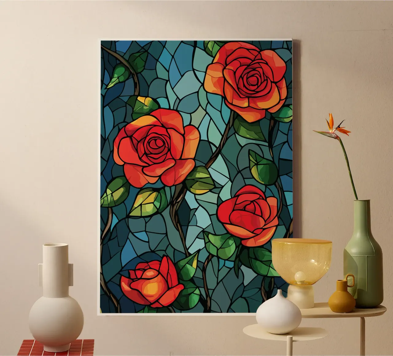 Red roses on a mosaic background canvas with Floater frame by pixelbull - medieval art and more