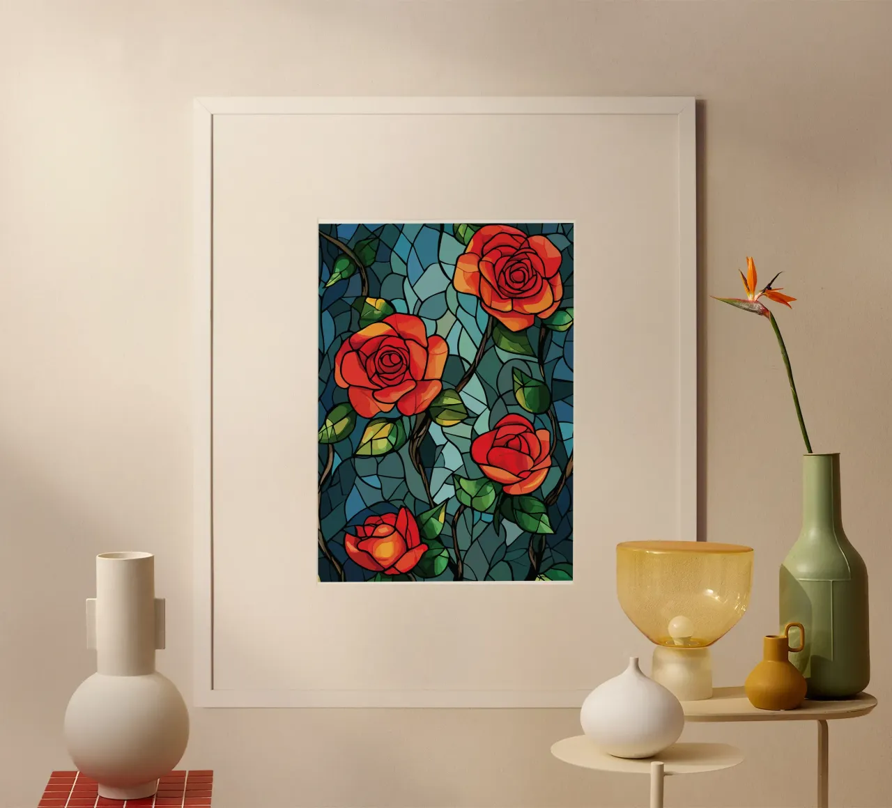 Red roses on a mosaic background hahnemühle by pixelbull - medieval art and more