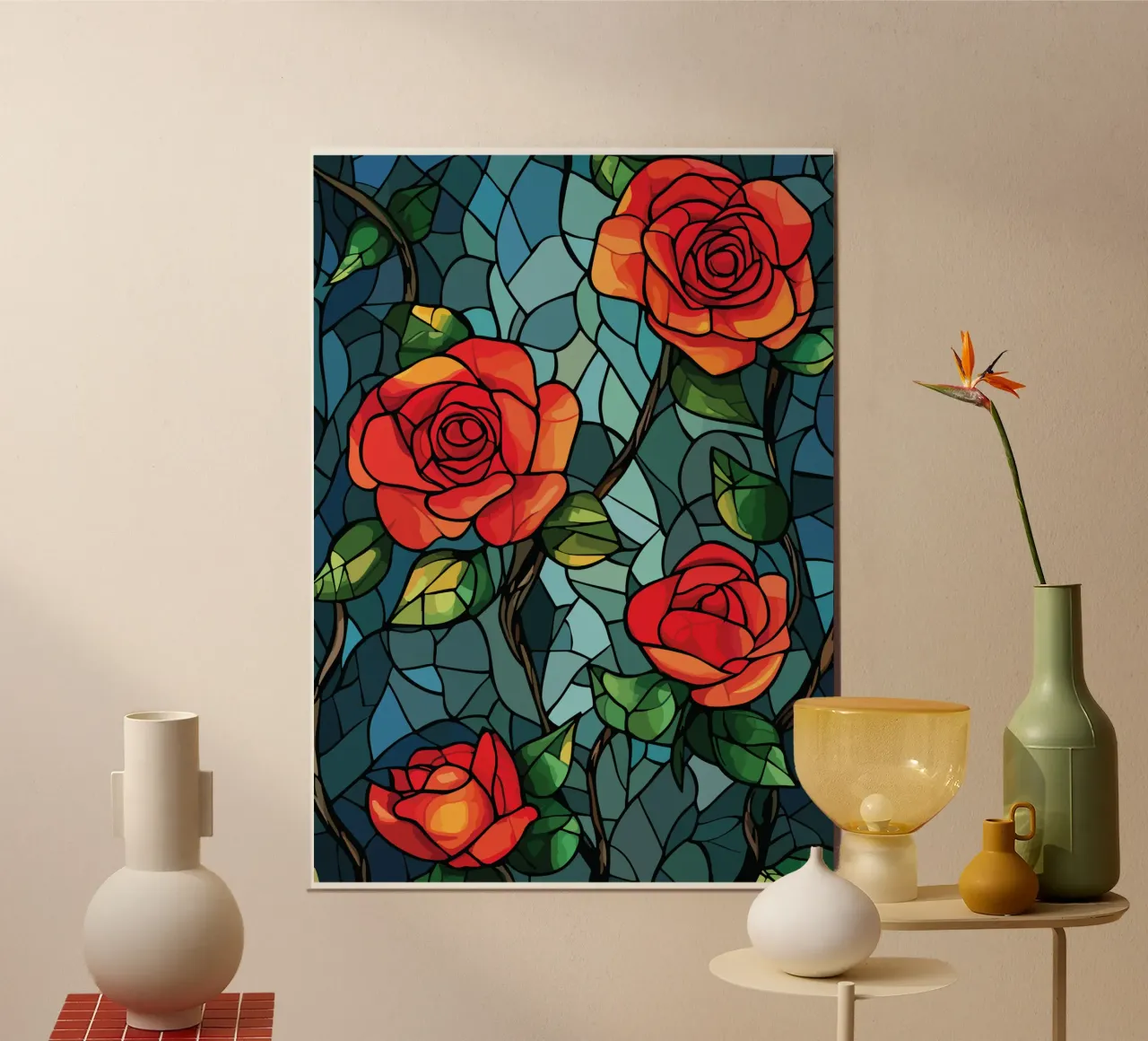 Red roses on a mosaic background hahnemühle by pixelbull - medieval art and more