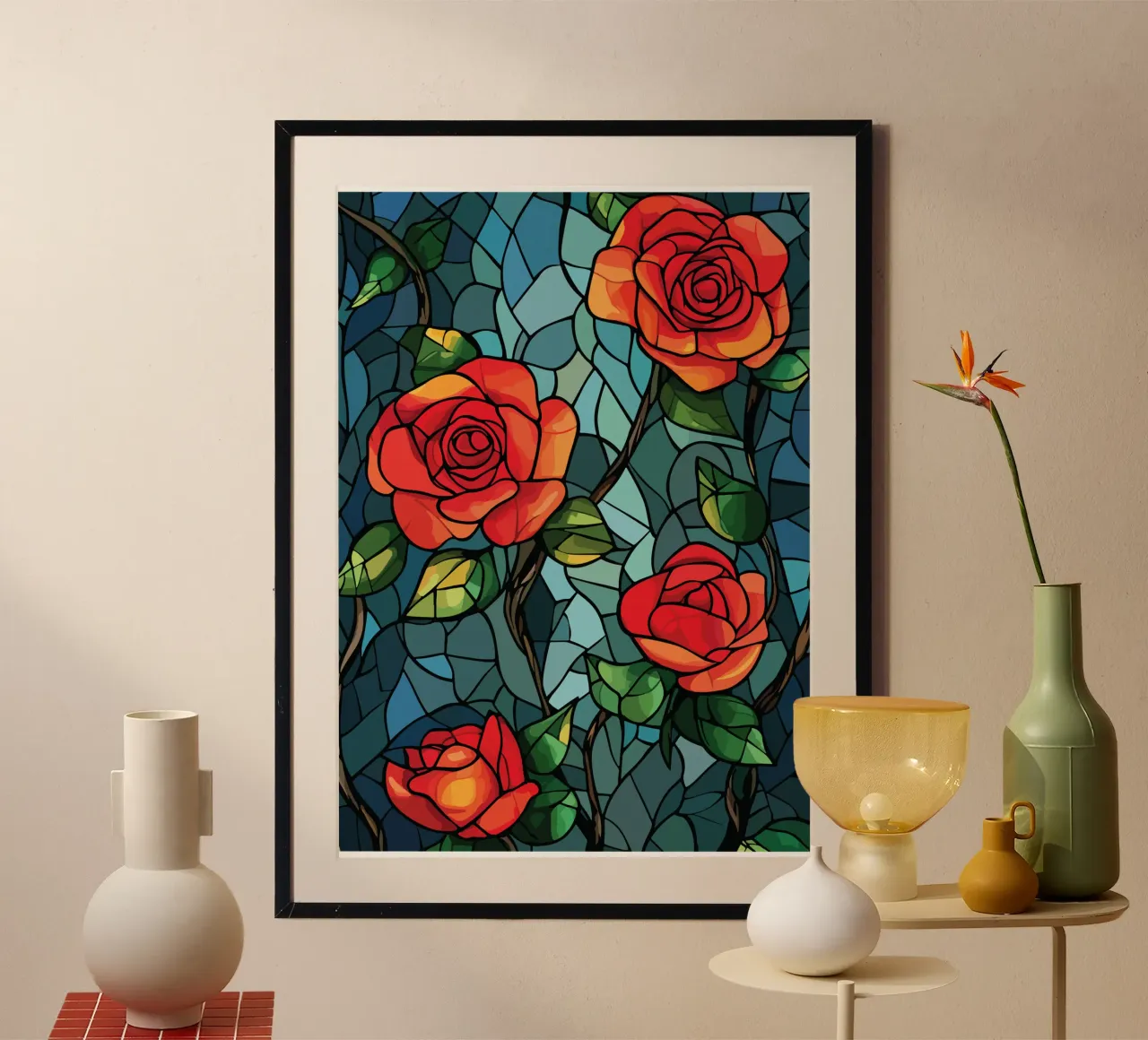 Red roses on a mosaic background hahnemühle by pixelbull - medieval art and more