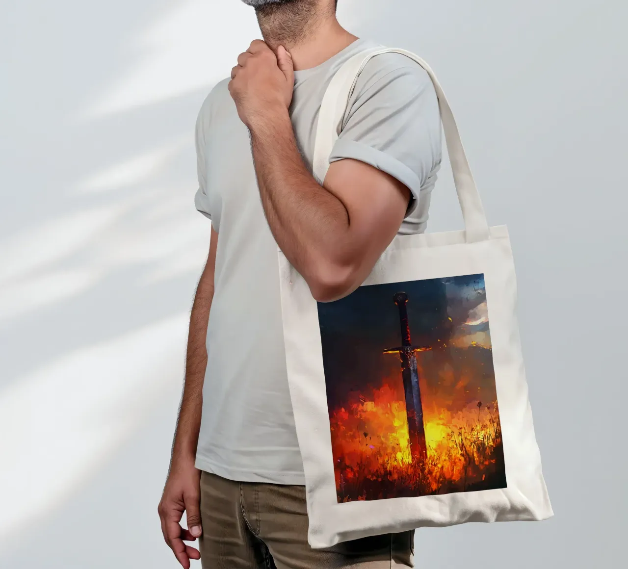 Sword in the flaming field at sunset tote bag by pixelbull - medieval art and more