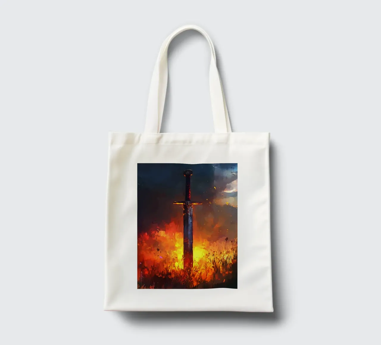 Sword in the flaming field at sunset tote bag by pixelbull - medieval art and more