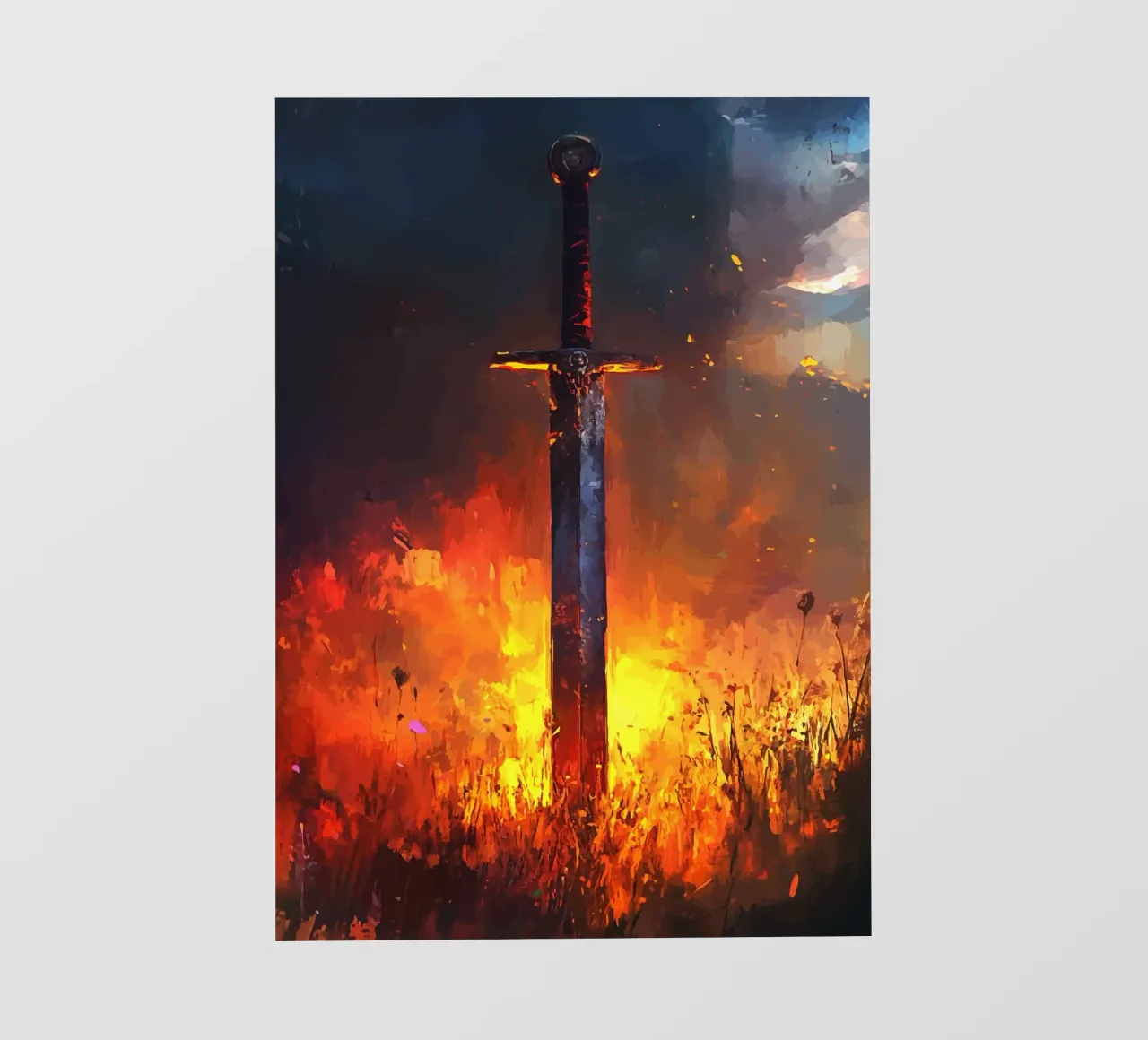 Sword in the flaming field at sunset pvc cover by pixelbull - medieval art and more