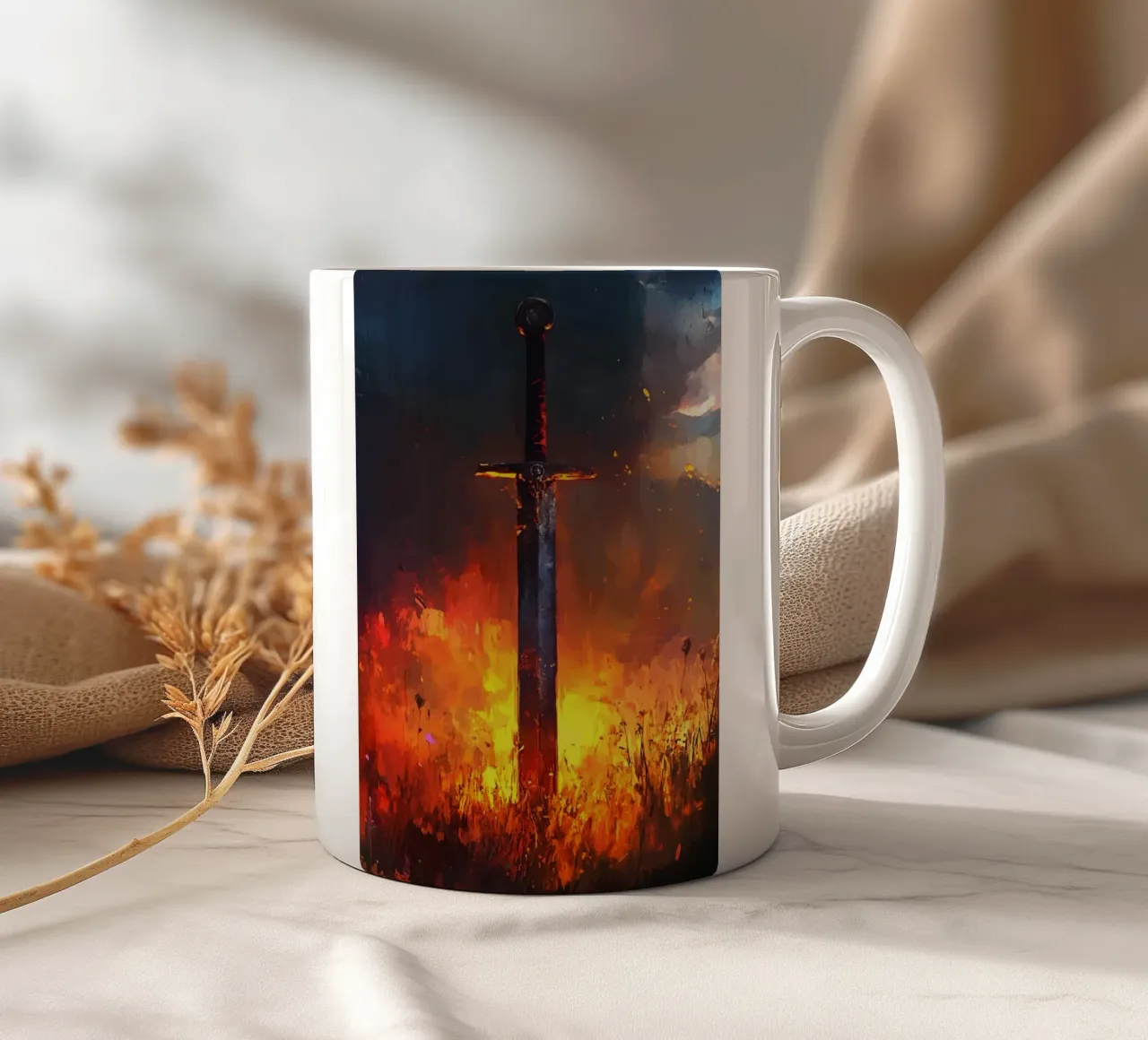 Sword in the flaming field at sunset ceramic mug by pixelbull - medieval art and more