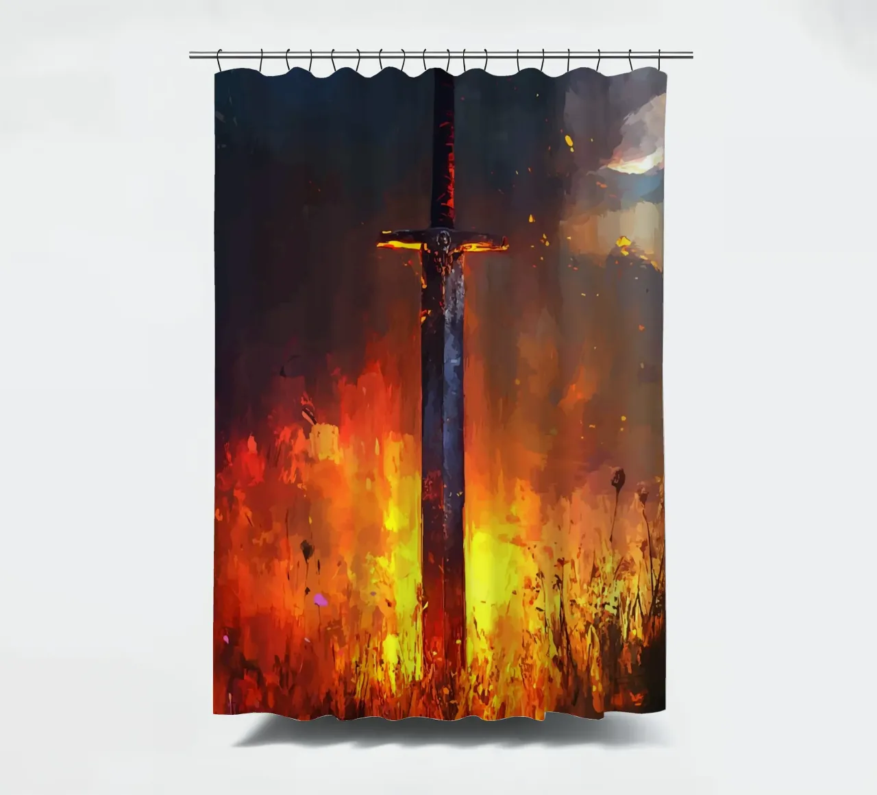 Sword in the flaming field at sunset shower curtain by pixelbull - medieval art and more