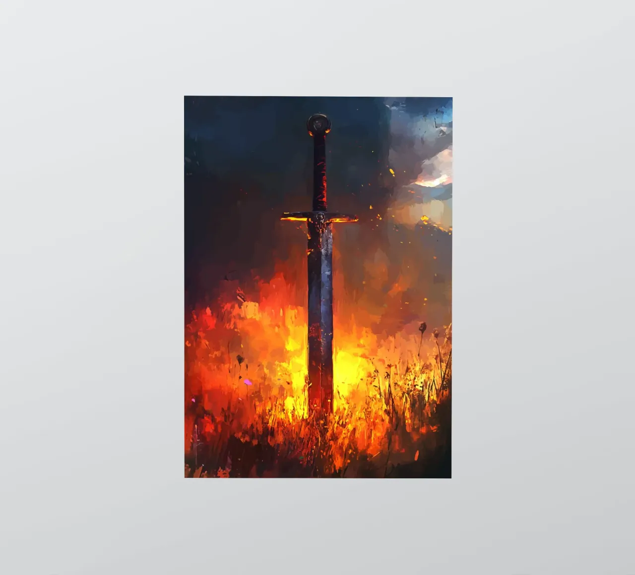 Sword in the flaming field at sunset sticker by pixelbull - medieval art and more