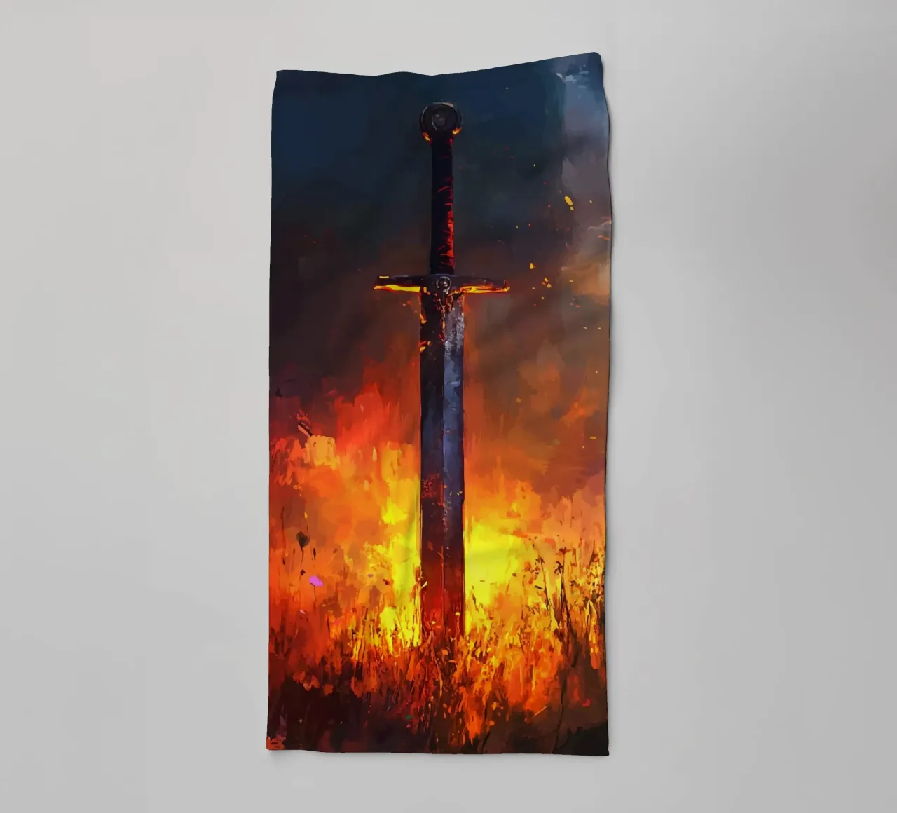 Sword in the flaming field at sunset towel by pixelbull - medieval art and more