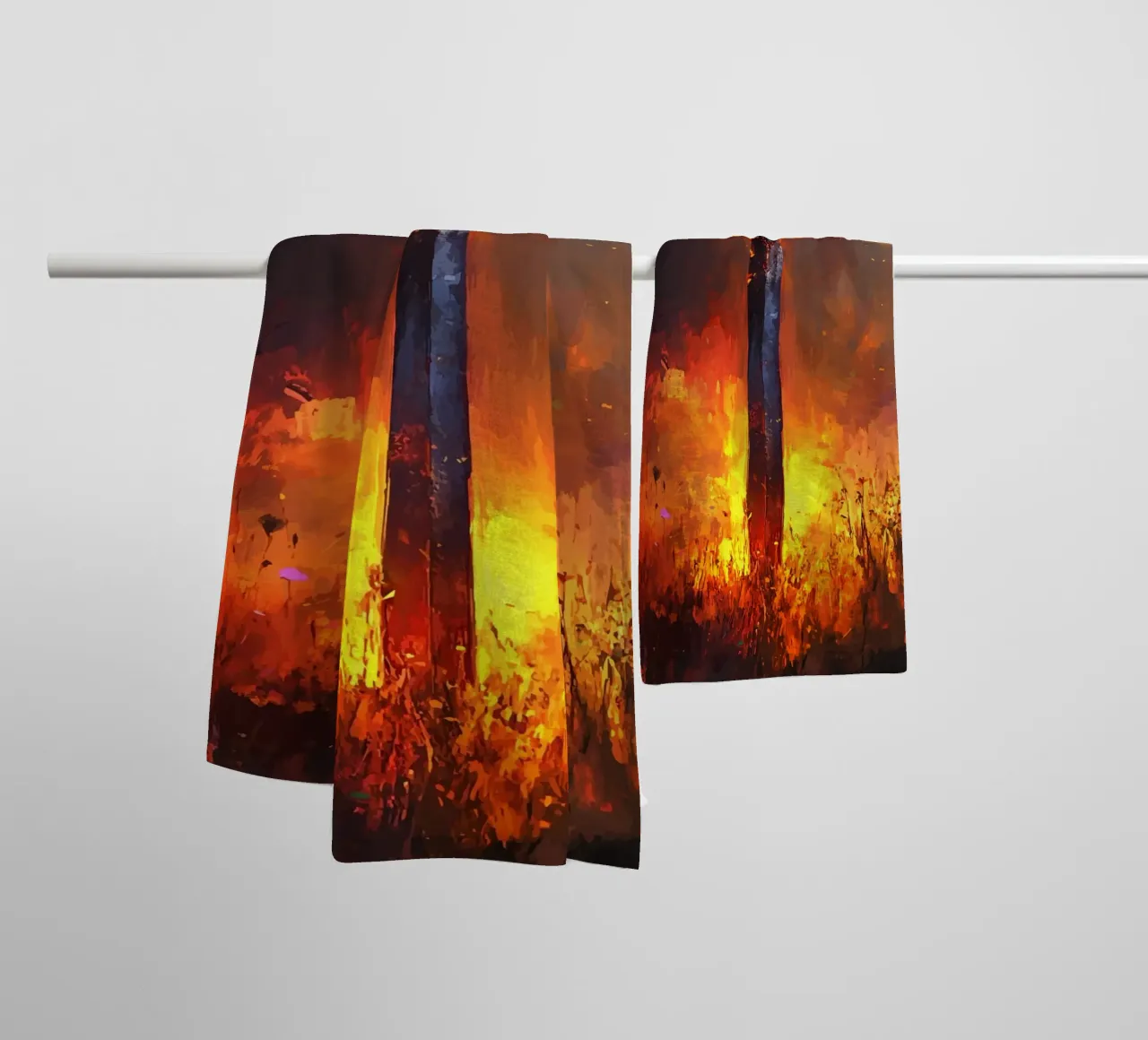 Sword in the flaming field at sunset towel by pixelbull - medieval art and more