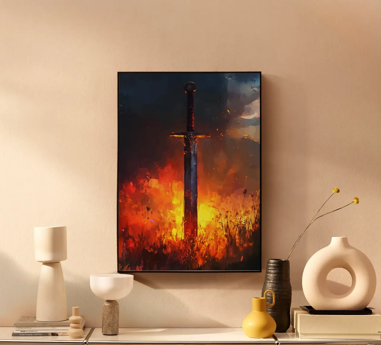 Sword in the flaming field at sunset alu-dibond by pixelbull - medieval art and more
