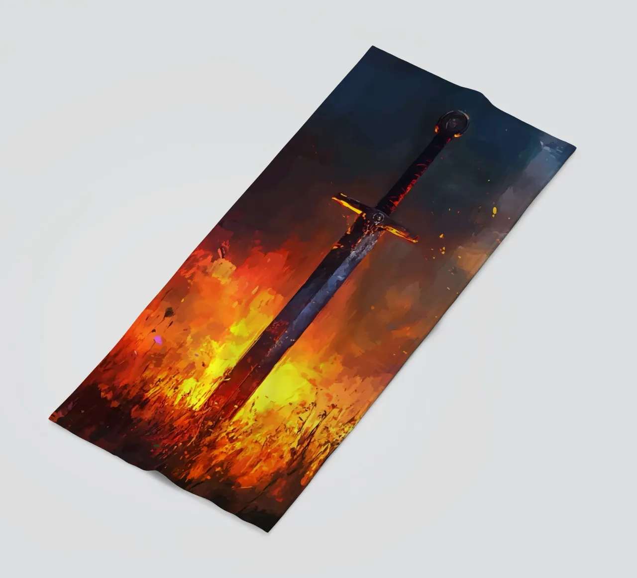 Sword in the flaming field at sunset beach towel by pixelbull - medieval art and more