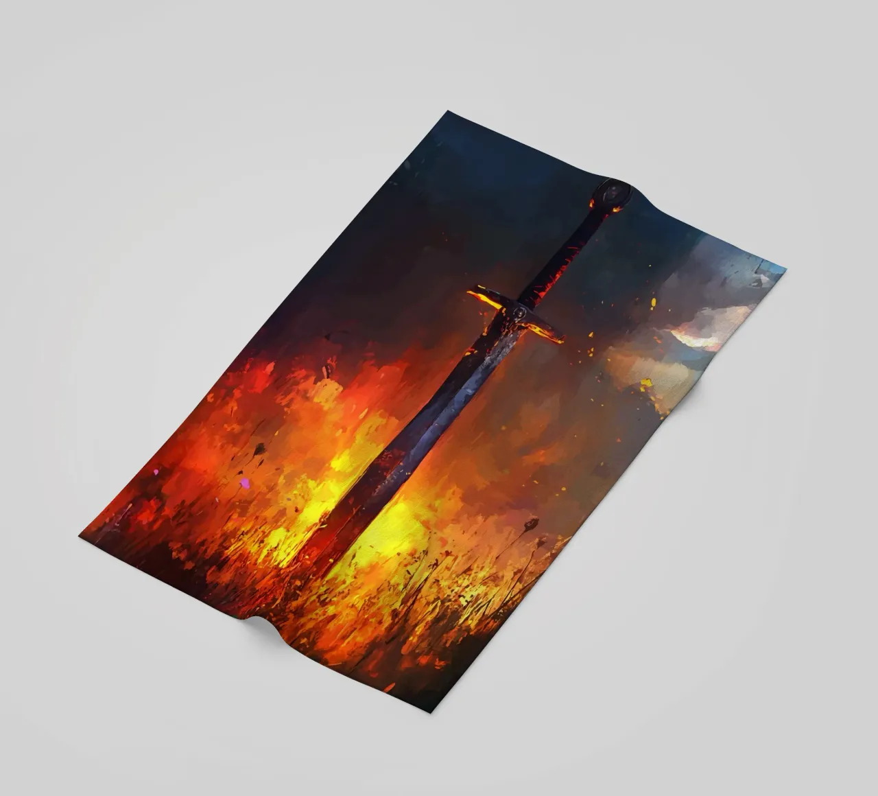 Sword in the flaming field at sunset beach towel by pixelbull - medieval art and more