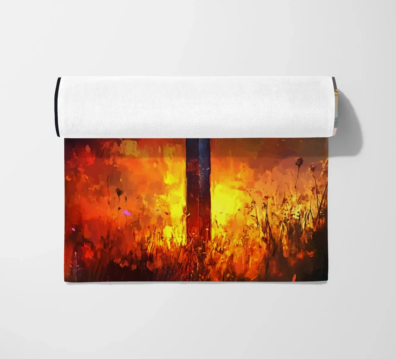 Sword in the flaming field at sunset beach towel by pixelbull - medieval art and more