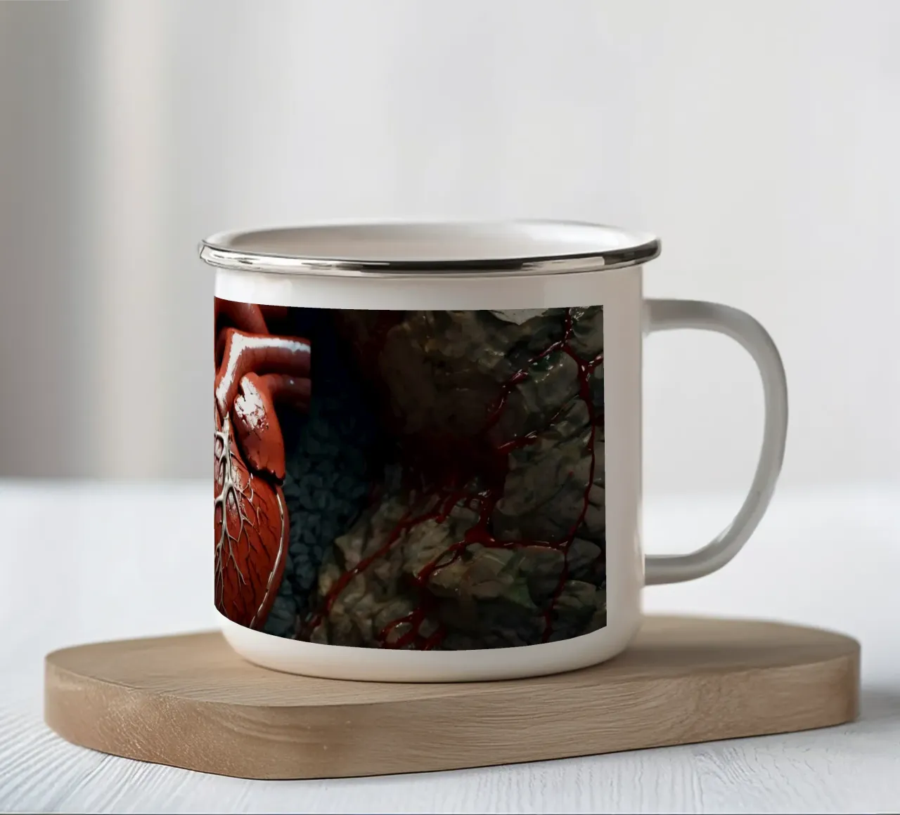 Un cuore realistico emerge dalla terra spaccata tazza in smalto da DesignDoodle