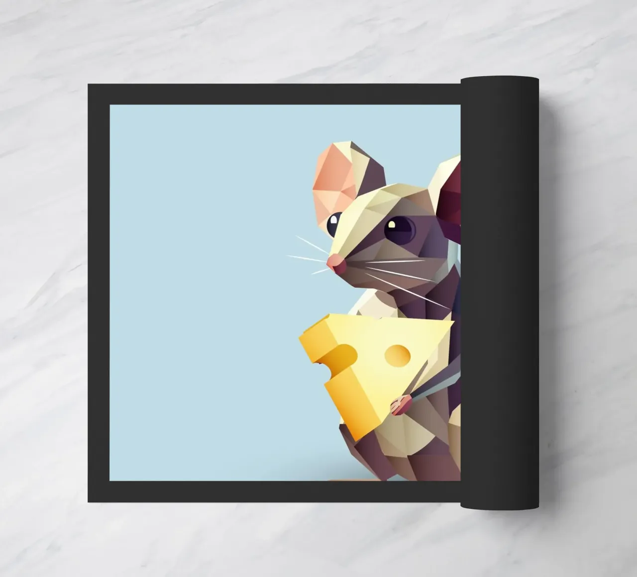 simpatico topo in stile geometrico, con un pezzo di formaggio zerbino da namosh