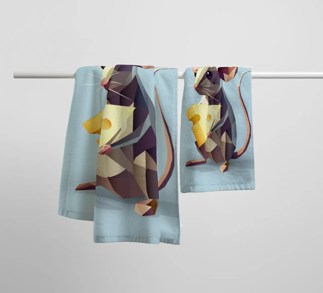 simpatico topo in stile geometrico, con un pezzo di formaggio asciugamano da bagno da namosh