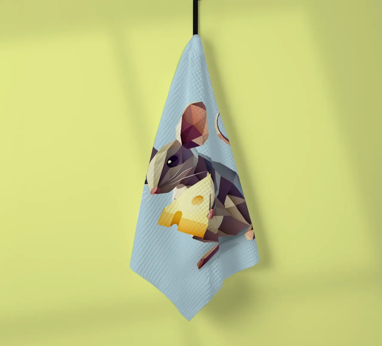 simpatico topo in stile geometrico, con un pezzo di formaggio canovaccio da cucina da namosh