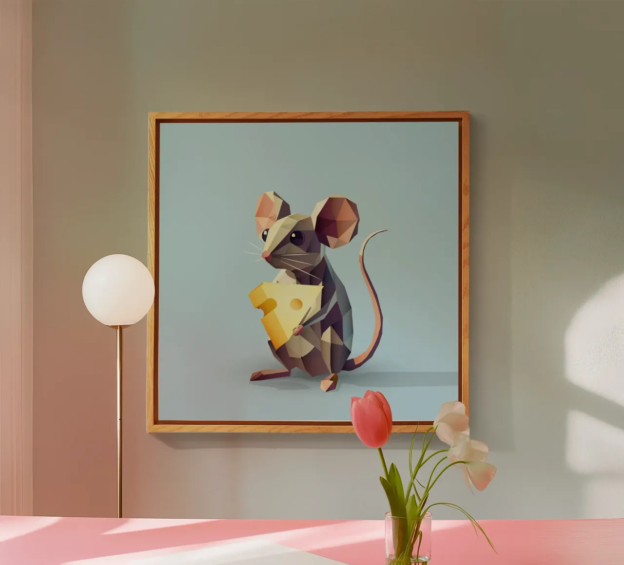 simpatico topo in stile geometrico, con un pezzo di formaggio plexiglass da namosh