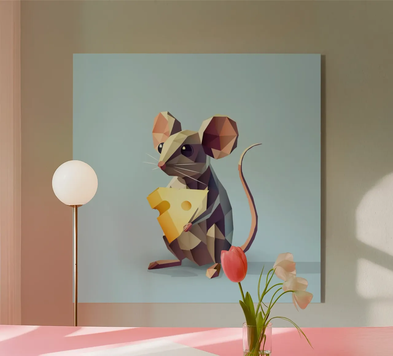 simpatico topo in stile geometrico, con un pezzo di formaggio plexiglass da namosh