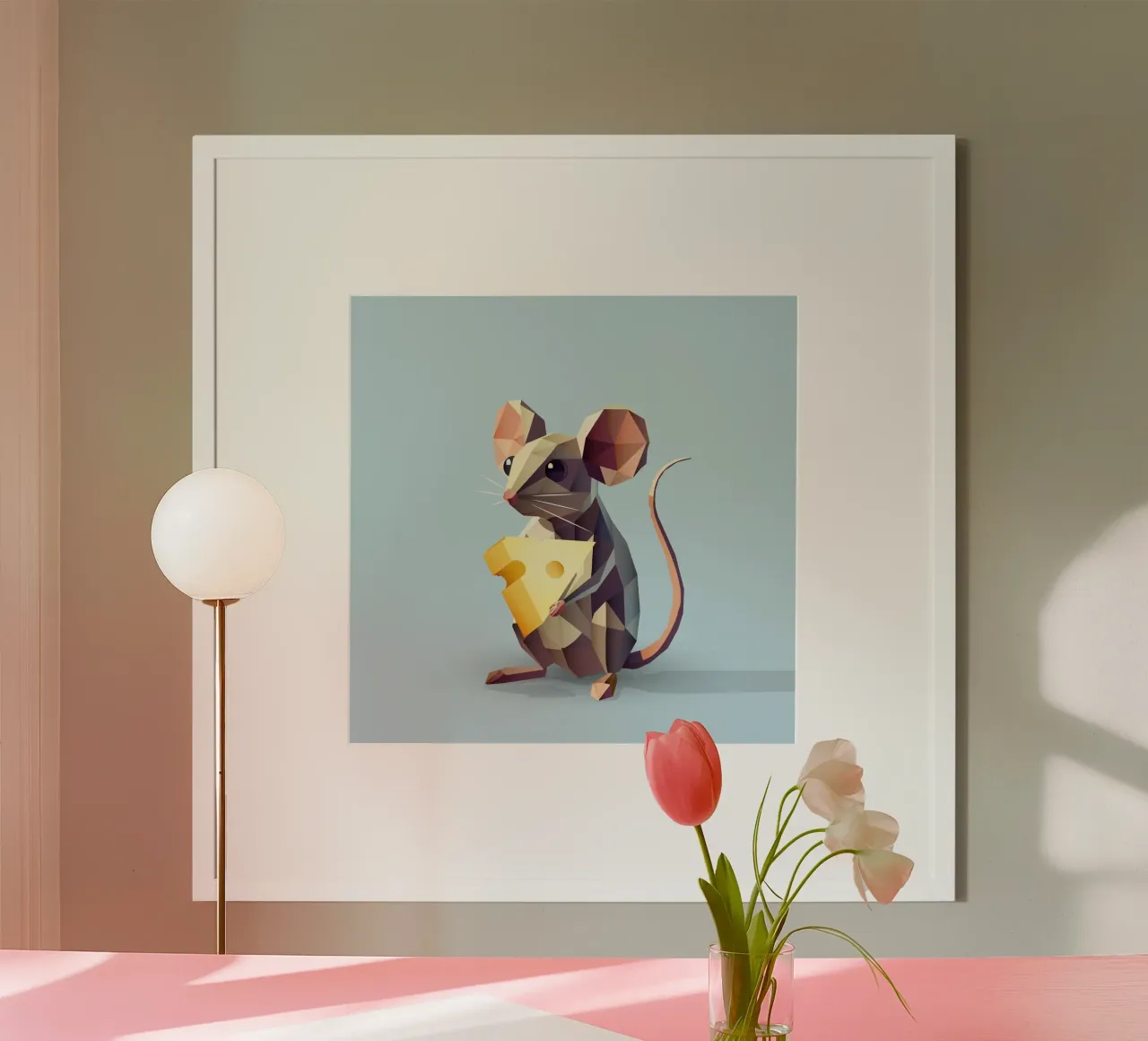 simpatico topo in stile geometrico, con un pezzo di formaggio carta hahnemühle da namosh