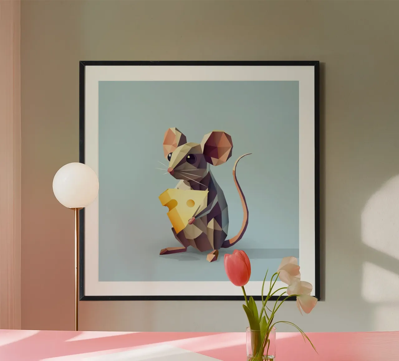 simpatico topo in stile geometrico, con un pezzo di formaggio carta hahnemühle da namosh