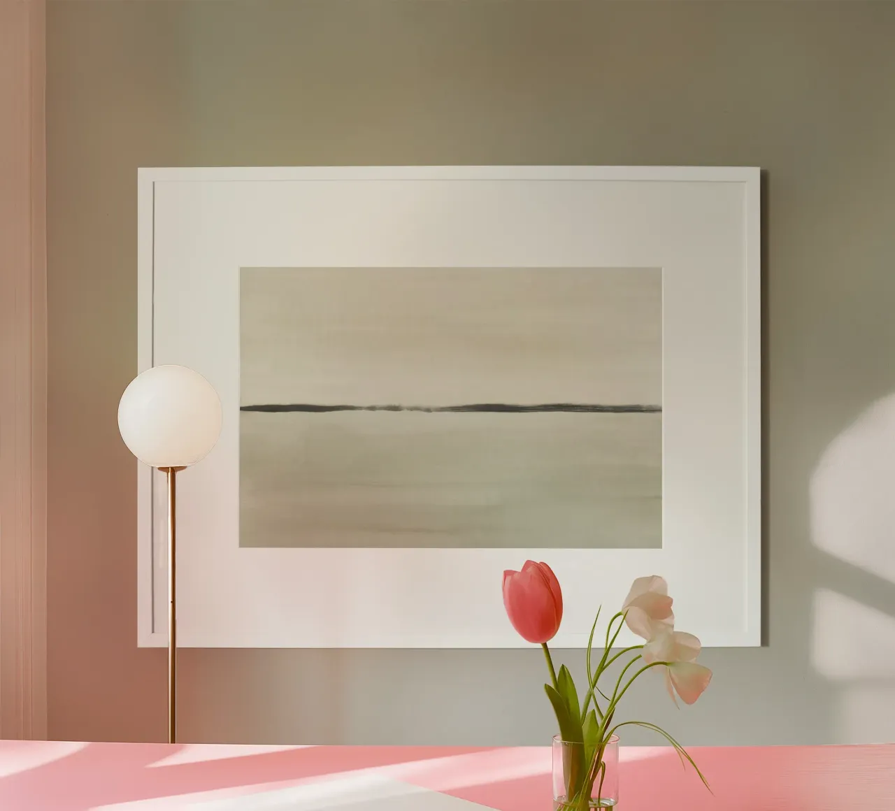 Acquerello minimalista verde e beige poster con telaio in legno da NouveauPrints