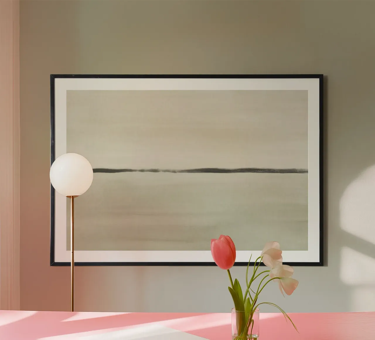 Acquerello minimalista verde e beige poster con telaio in legno da NouveauPrints