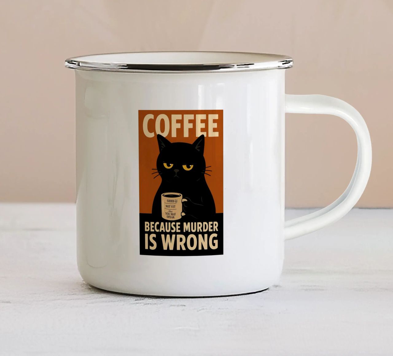 Gatto sarcastico del caffè - Poster mattutino d'epoca tazza in smalto da Lootprint