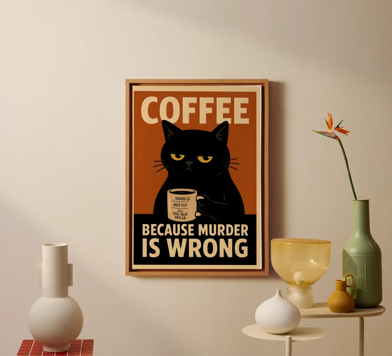 Gatto sarcastico del caffè - Poster mattutino d'epoca tela con Cornice a cassetta da Lootprint
