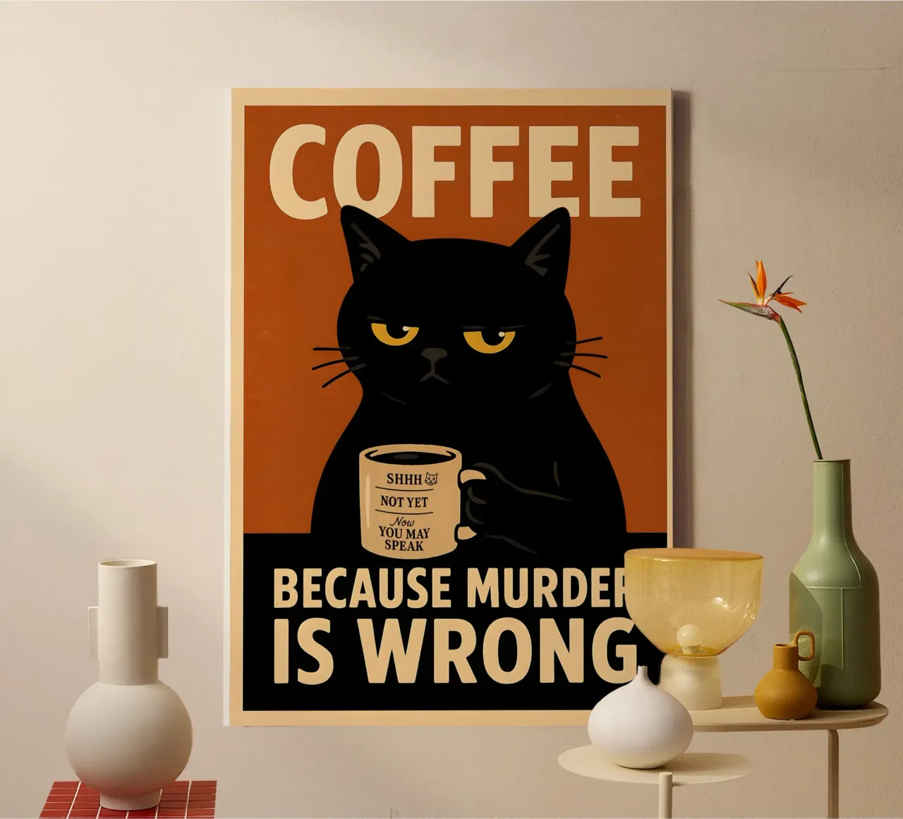 Gatto sarcastico del caffè - Poster mattutino d'epoca tela con Cornice a cassetta da Lootprint