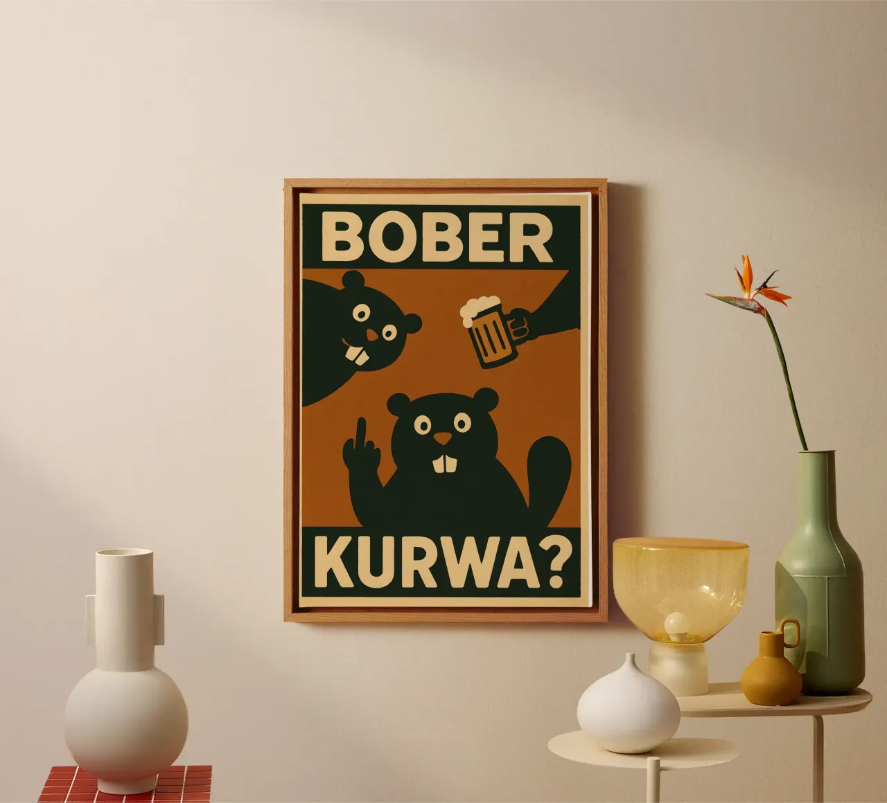 Drunk Bober Poster – Beer, Beaver, Kurwa canvas met Baklijst van Lootprint