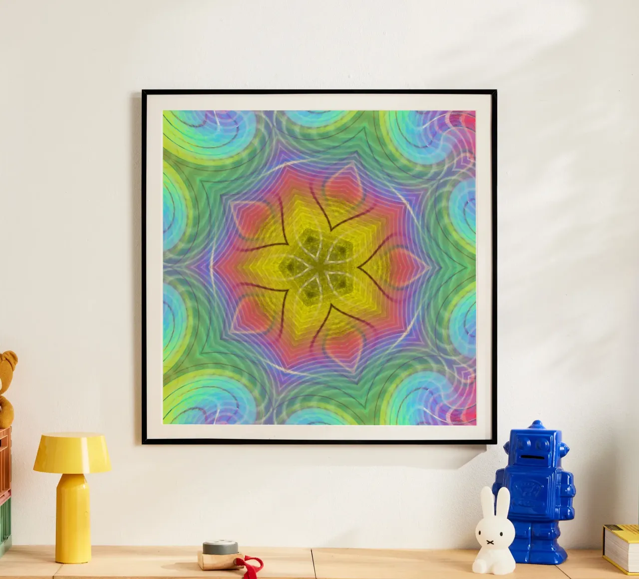 Spettro di colori caleidoscopio, forma di stella con motivo ondulato poster con telaio in legno da Gürsel Yesil Digital Art