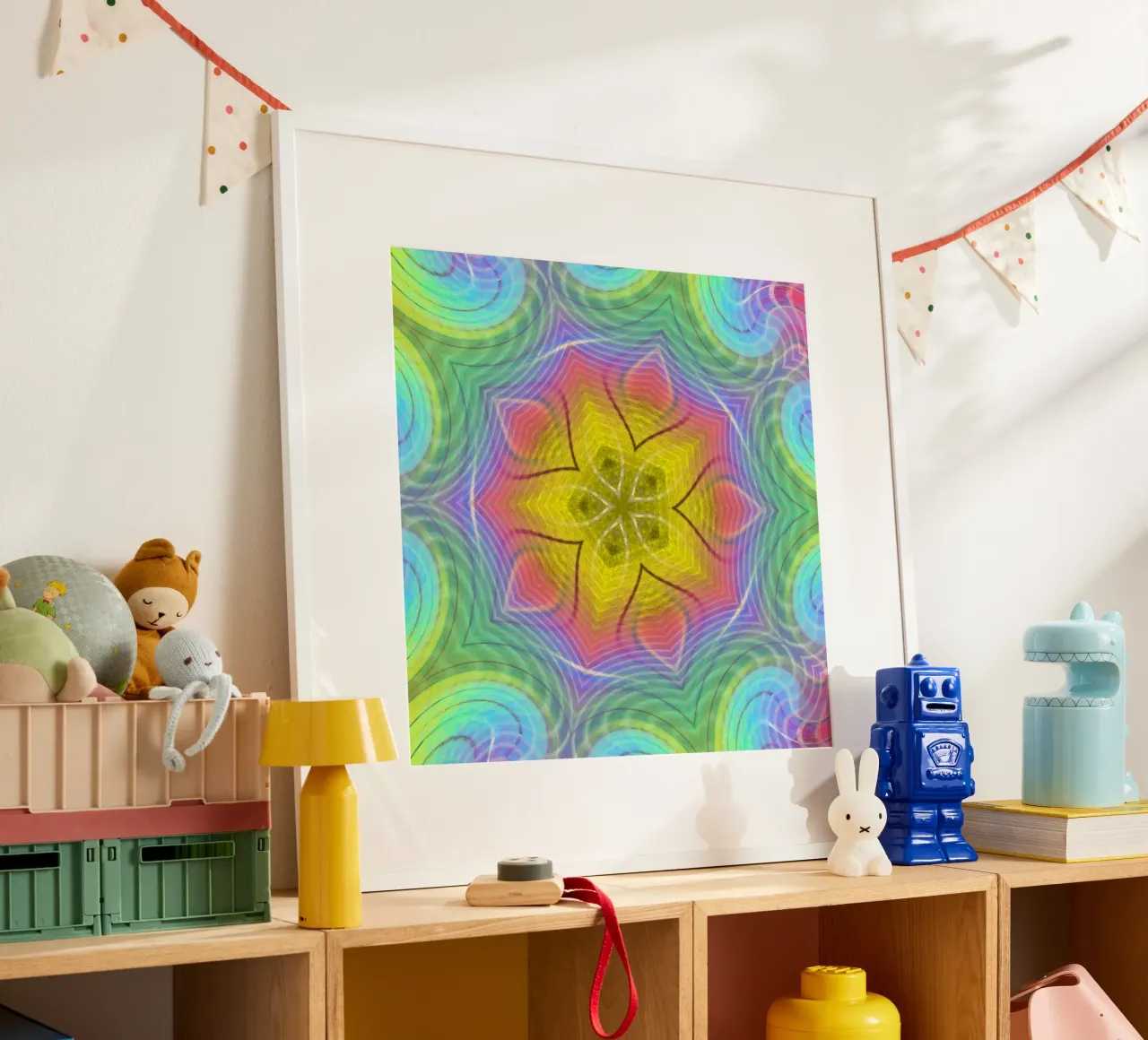 Spettro di colori caleidoscopio, forma di stella con motivo ondulato poster con telaio in legno da Gürsel Yesil Digital Art