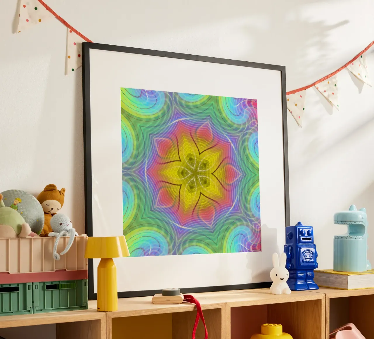 Spettro di colori caleidoscopio, forma di stella con motivo ondulato poster con telaio in legno da Gürsel Yesil Digital Art