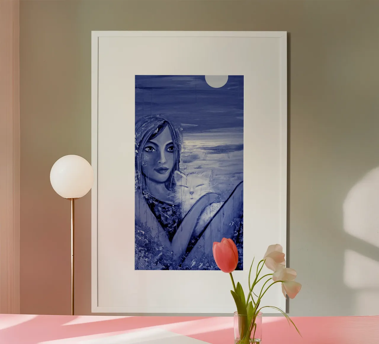 Full Moon girl with white cat carta hahnemühle da Happy 😃 Art 🎨 by Christine Schnoell