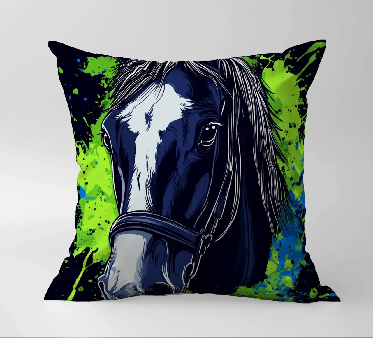 Expressive horse portrait in front of splashes of colour decorative cushion by pixelbull - medieval art and more