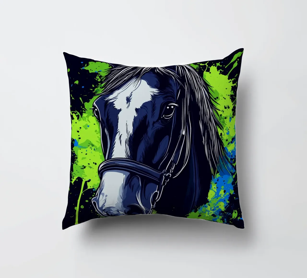 Expressive horse portrait in front of splashes of colour decorative cushion by pixelbull - medieval art and more