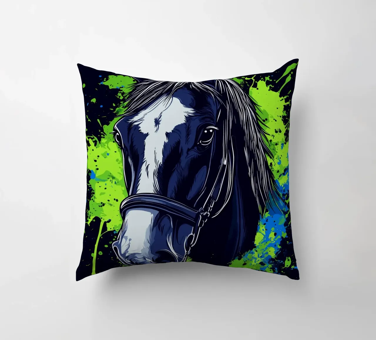 Expressive horse portrait in front of splashes of colour decorative cushion by pixelbull - medieval art and more