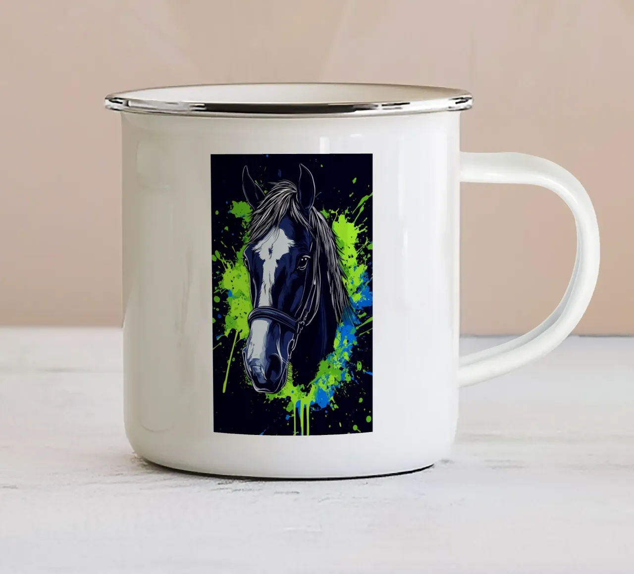 Expressive horse portrait in front of splashes of colour enamel mug by pixelbull - medieval art and more