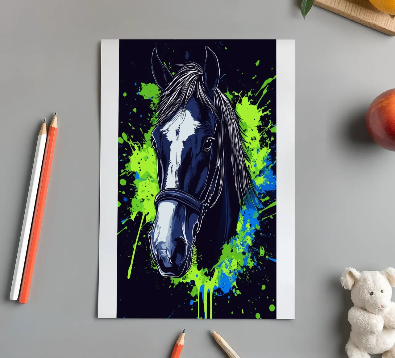 Portrait expressif d'un cheval devant des éclaboussures de peinture planche autocollant de pixelbull - medieval art and more