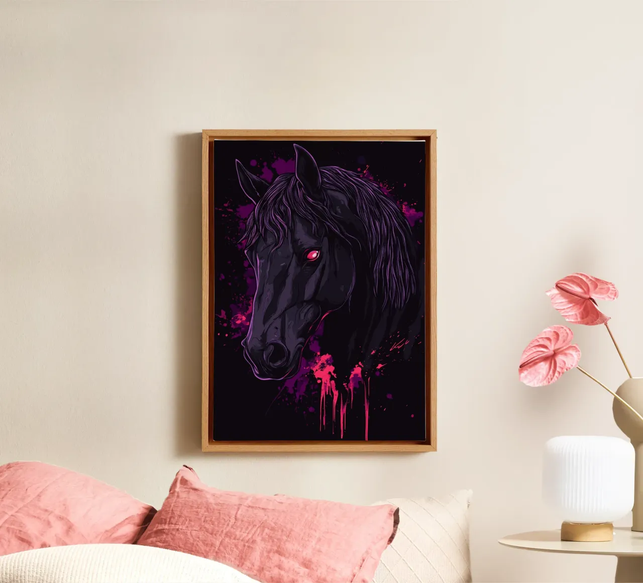 Zwart paard met een felrood oog canvas met Baklijst van pixelbull - medieval art and more