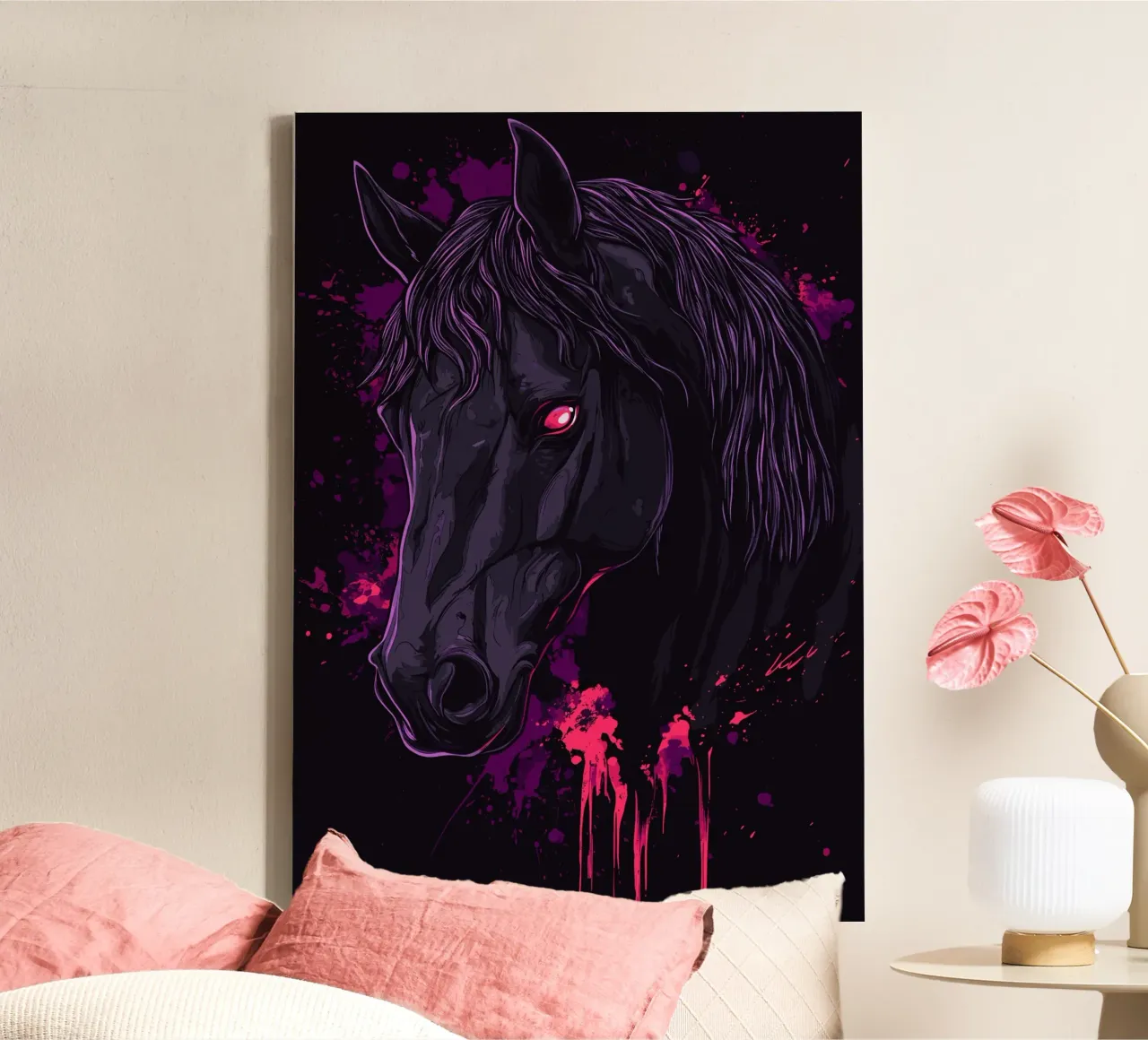 Zwart paard met een felrood oog canvas met Baklijst van pixelbull - medieval art and more