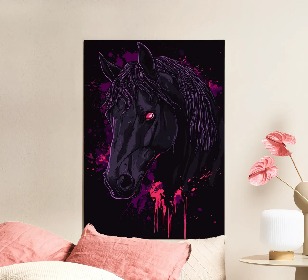 Schwarzes Pferd mit leuchtend rotem Auge Poster von pixelbull - medieval art and more