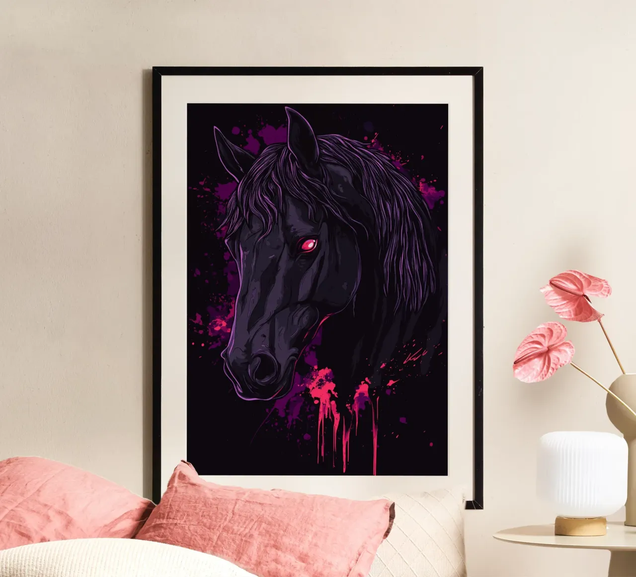 Schwarzes Pferd mit leuchtend rotem Auge Poster von pixelbull - medieval art and more